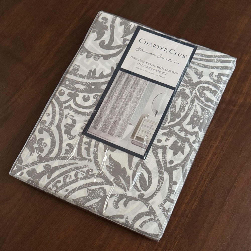 New! SHOWER CURTAIN PAISLEY CHARTER CLUB COTTON POLY BLEND Gray White  72” x 72”